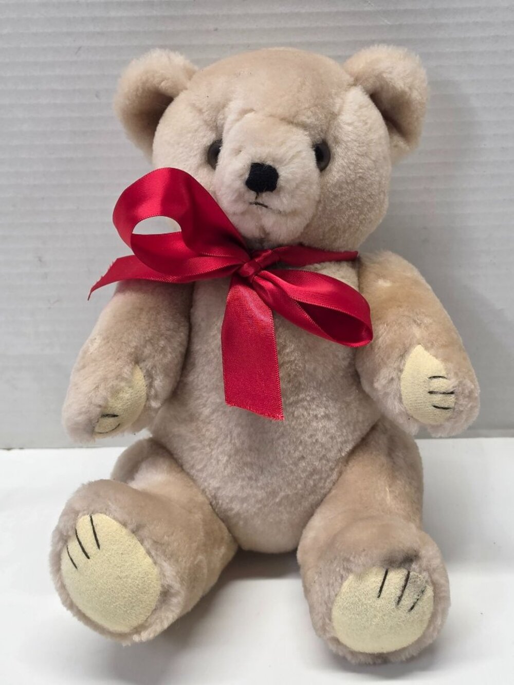 Jointed Teddy Bear Plush 12" Beige Tan Red Bow Movable Arms Legs Unbranded